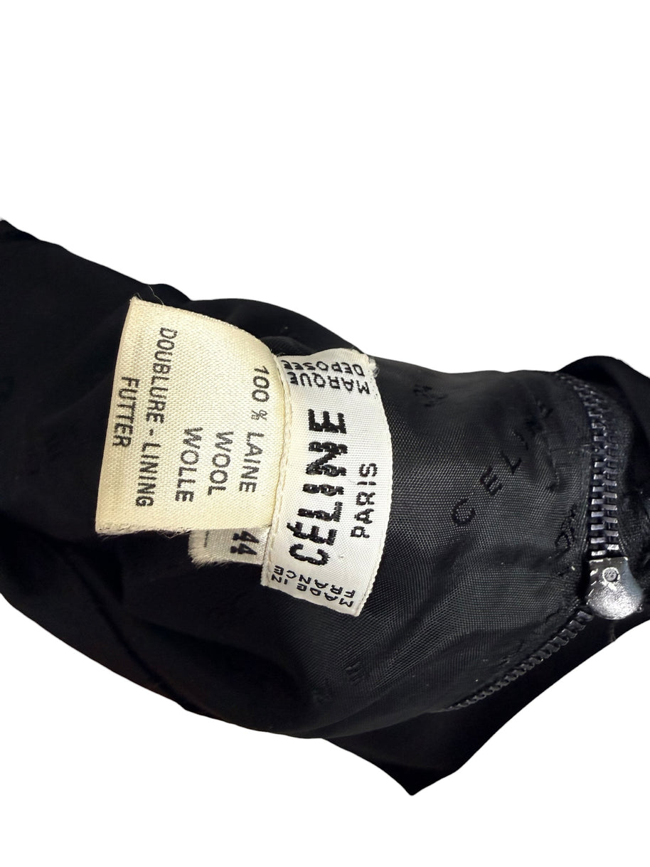 Original vintage Céline Paris designer labels showing Made in France, French size 44, and 100 percent wool composition.