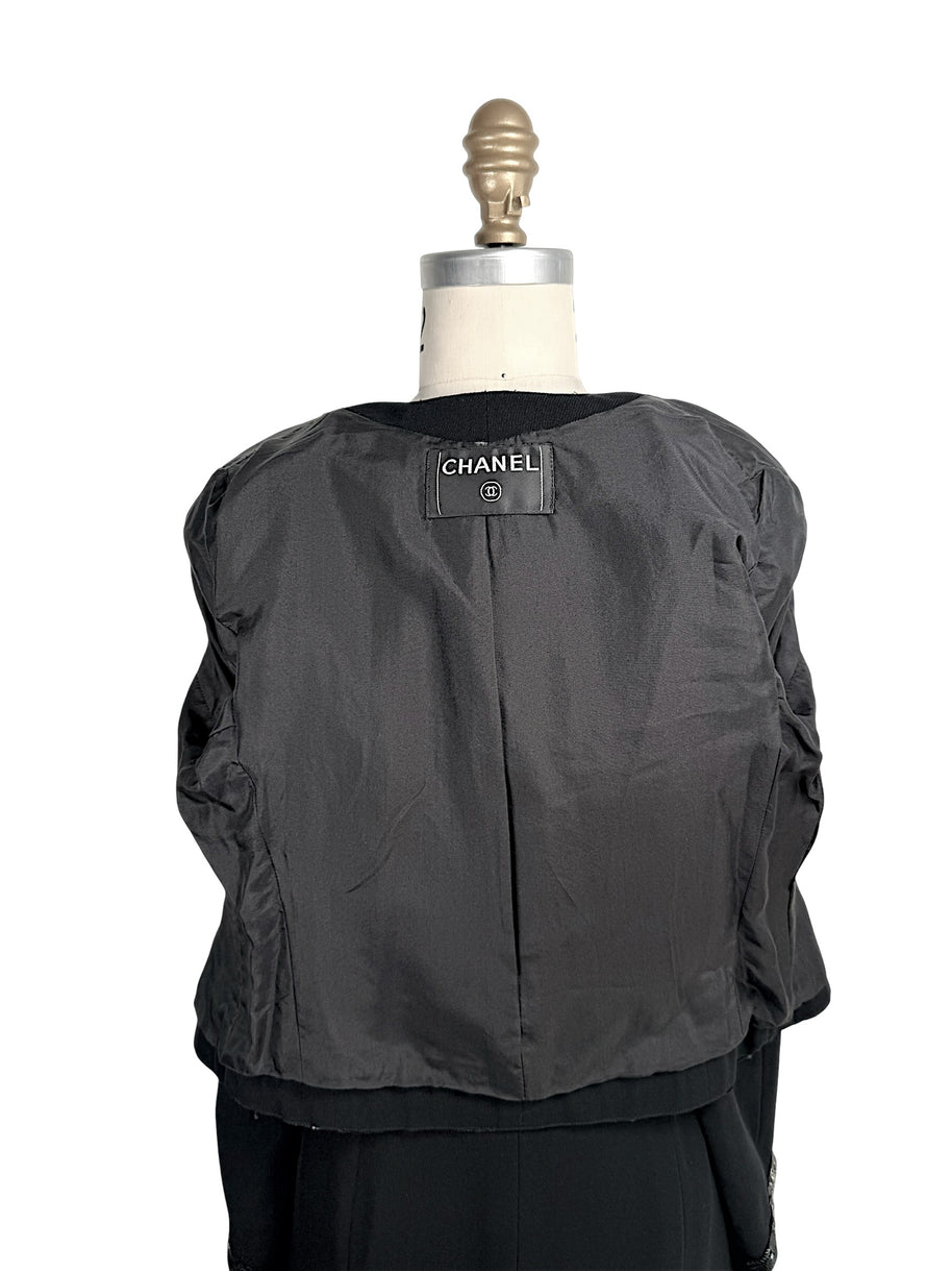 Interior view of vintage Chanel jacket lining with logo label and construction details