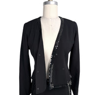 Open front view of vintage Chanel wrap jacket with black sequined trim details