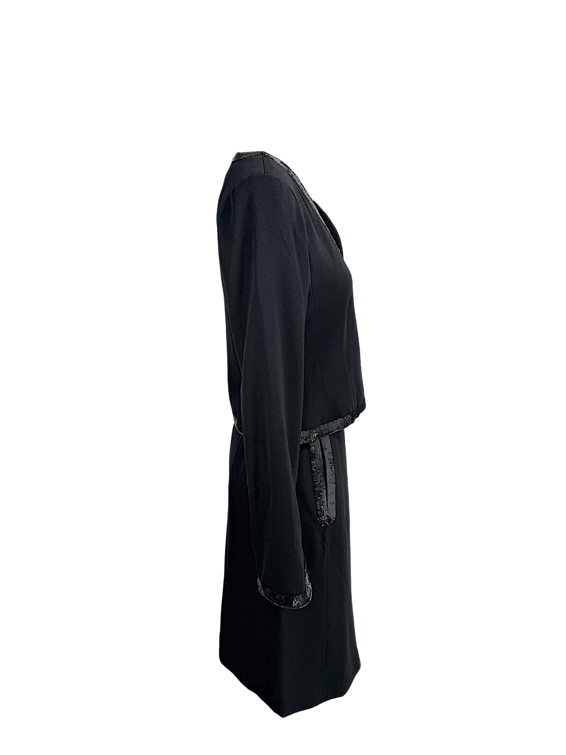 Right side profile of vintage Chanel black sequin trim skirt suit set