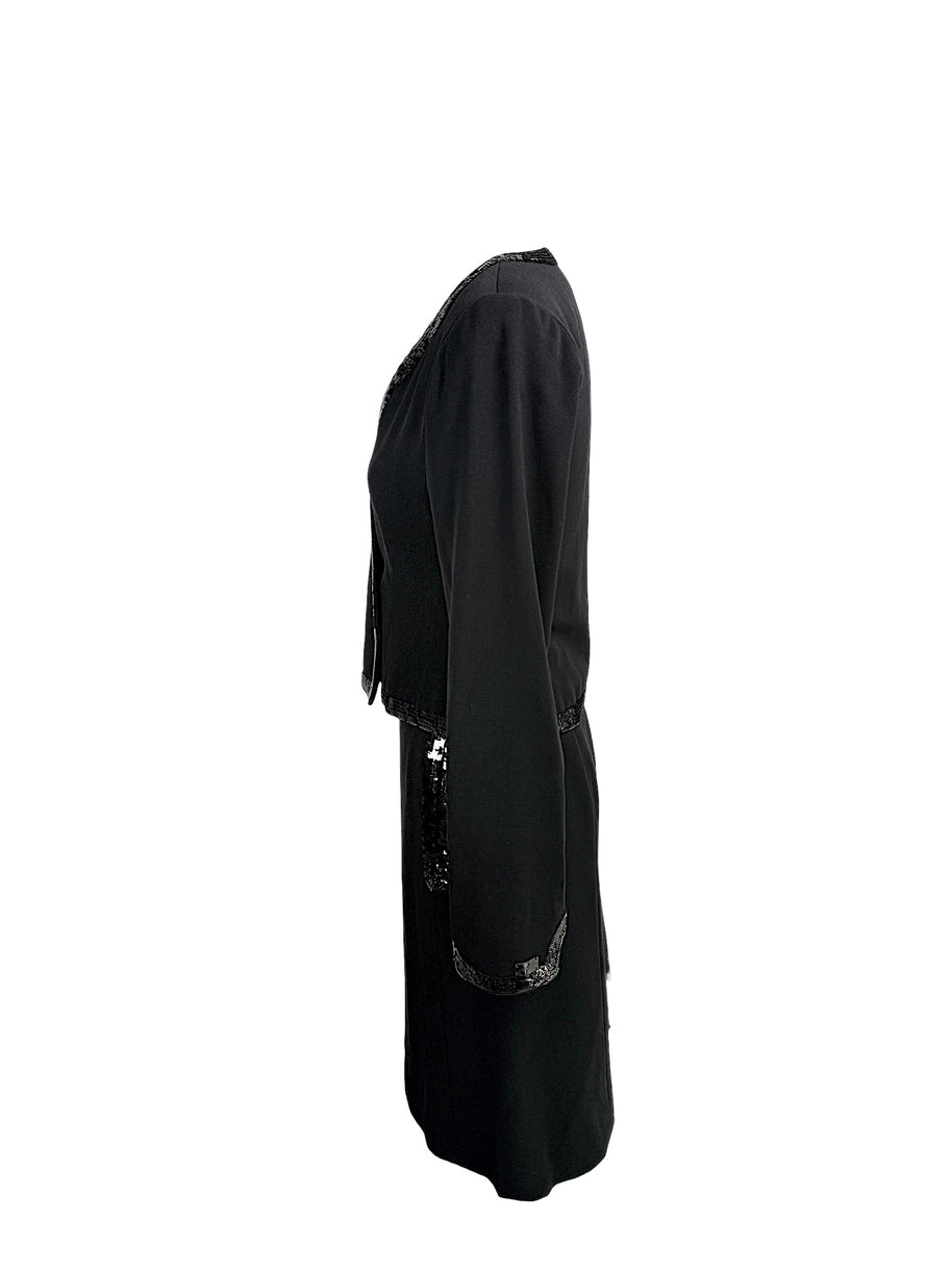 Left side profile of vintage Chanel black skirt suit set with tonal sequin embellishment