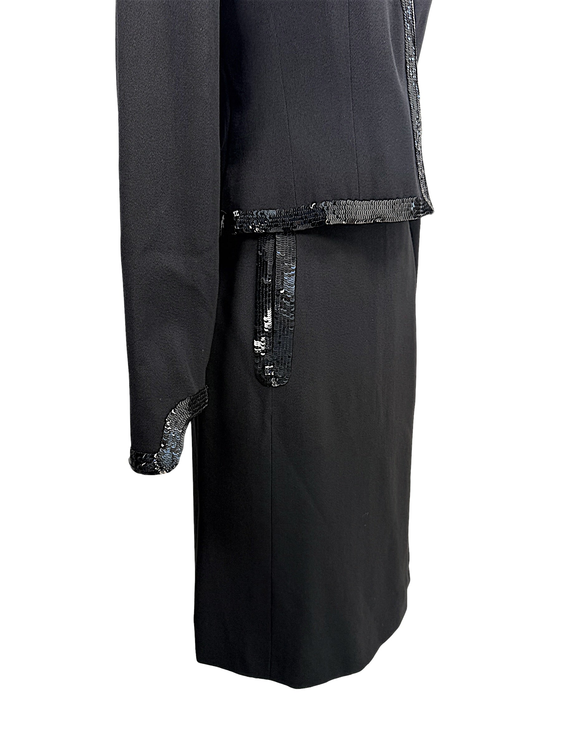 Close side detail of vintage Chanel black skirt with tonal sequined trim accents