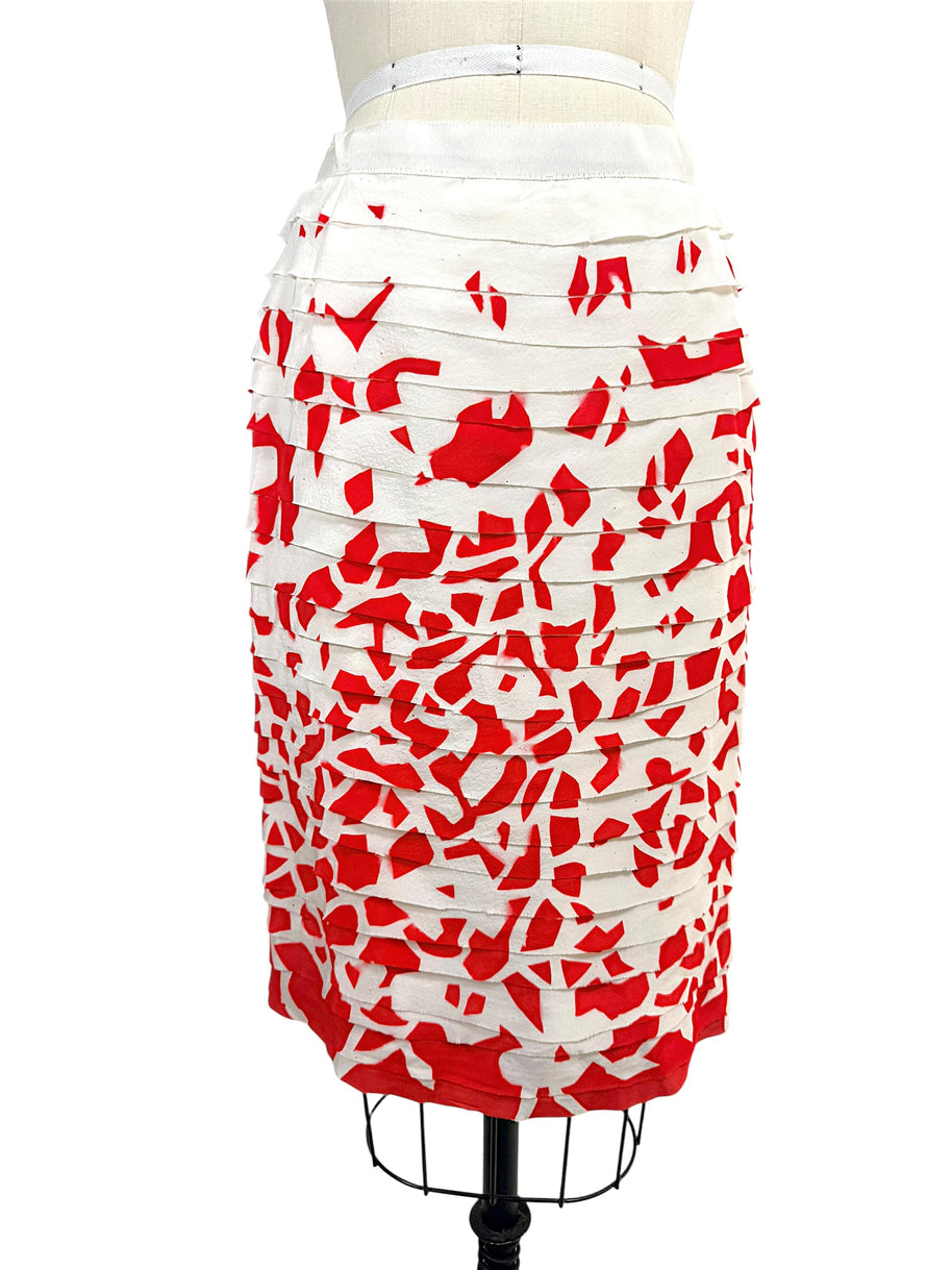 Vintage Oscar de la Renta ivory and red layered silk pencil skirt with abstract print and dimensional ribbon appliqué front view