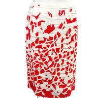 Vintage Oscar de la Renta ivory and red layered silk pencil skirt with abstract print and dimensional ribbon appliqué front view
