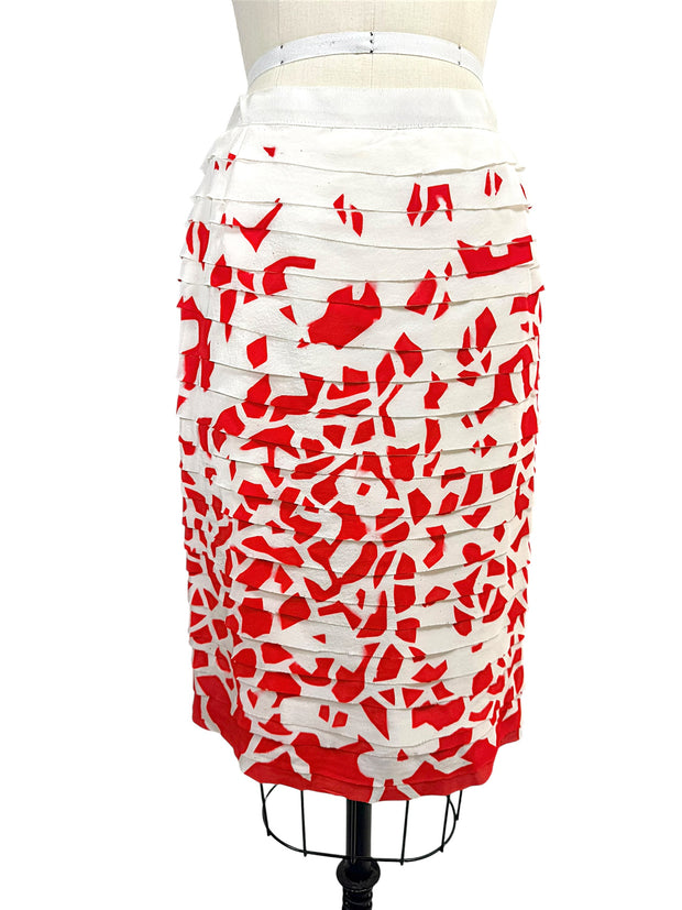 Vintage Oscar de la Renta ivory and red layered silk pencil skirt with abstract print and dimensional ribbon appliqué front view