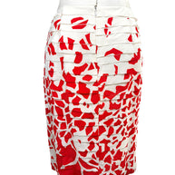 Back view of vintage Oscar de la Renta ivory and red silk pencil skirt with sculptural layered ribbon construction