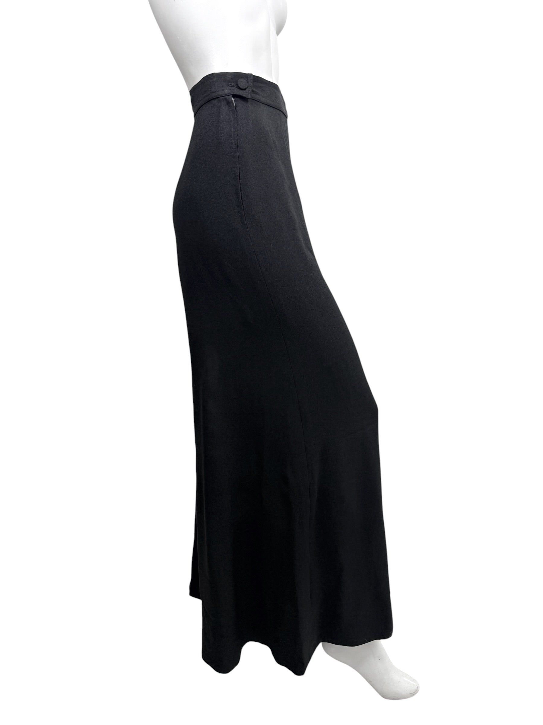 Left profile view of vintage Sonia Rykiel Paris high-waisted black crepe trousers with flowing wide leg design.