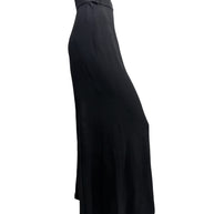 Left profile view of vintage Sonia Rykiel Paris high-waisted black crepe trousers with flowing wide leg design.