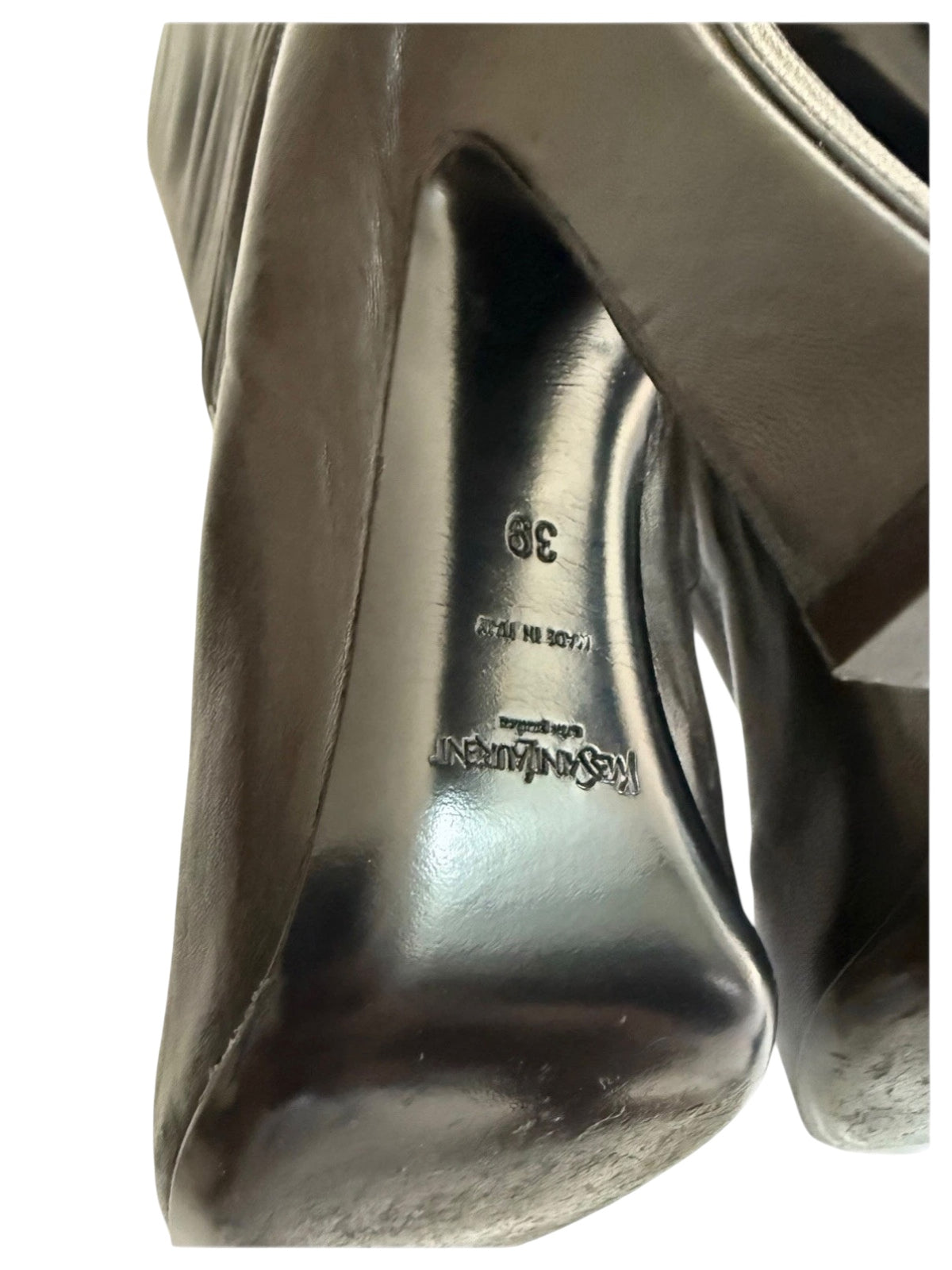 Yves Saint Laurent FW2012 black leather boots interior brand stamp detail